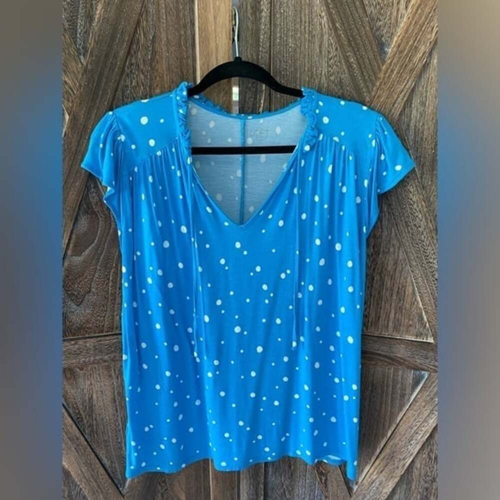 LOFT Pretty Aqua Blue with White Dots Tie Neck Flutter Sleeves Blouse